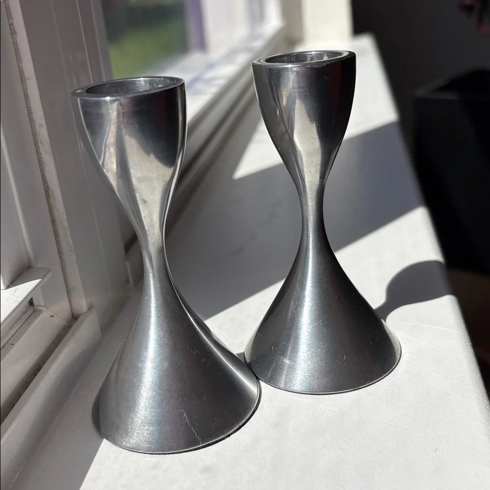 Vintage Hourglass Stainless Steel Candle Holders - Pair - Picture 1 of 13